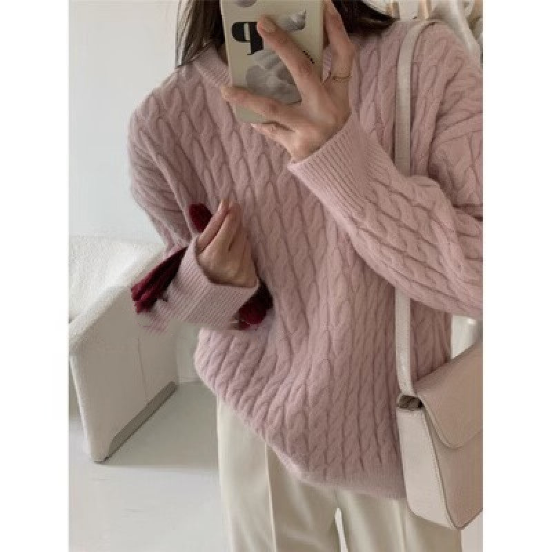 Round Neck Pullover Cable-knit Sweater Women
