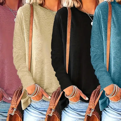 4 Pack Women's Solid Color Casual Set Round Neck Long Sleeve Tops For Spring&Fall