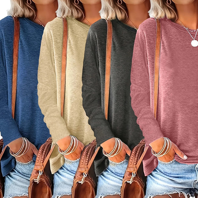 4 Pack Women's Solid Color Casual Set Round Neck Long Sleeve Tops For Spring&Fall