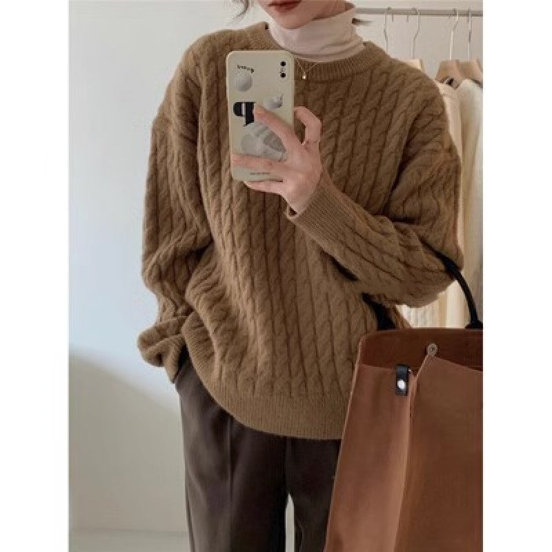 Round Neck Pullover Cable-knit Sweater Women