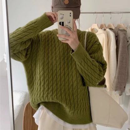 Round Neck Pullover Cable-knit Sweater Women